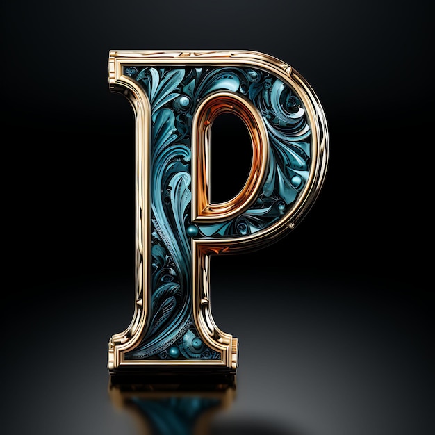 Design de alfabeto de personagem P Material de veludo Vray Render Soft Criativo em preto BG Luxo caro