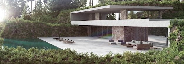 Design de arquitetura de casa de fachada moderna 3d render ilustração panorâmica exterior