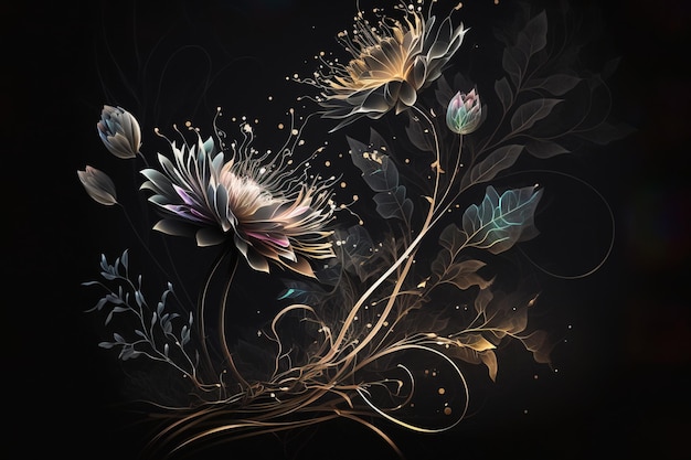 Foto design de arte de ilustrações de flores brilhantes para pôster, impressão ou digital, isolado em preto escuro
