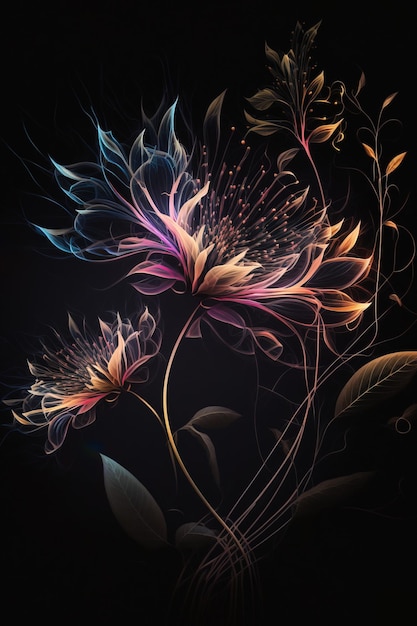 Design de arte de ilustrações de flores brilhantes para pôster, impressão ou digital, isolado em preto escuro