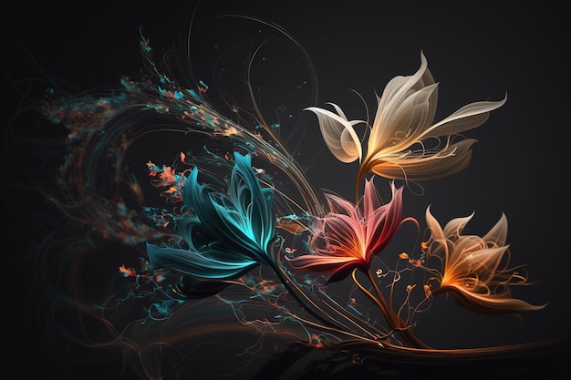 Design de arte de ilustrações de flores brilhantes para pôster, impressão ou digital, isolado em preto escuro