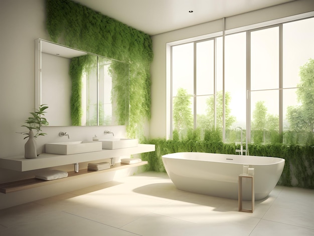Design de banheiro moderno Decorado com plantas verdes geradas por IA