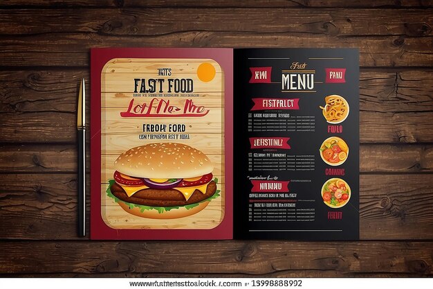 Foto design de brochura de menu de fast food em um modelo vetorial de fundo de madeira