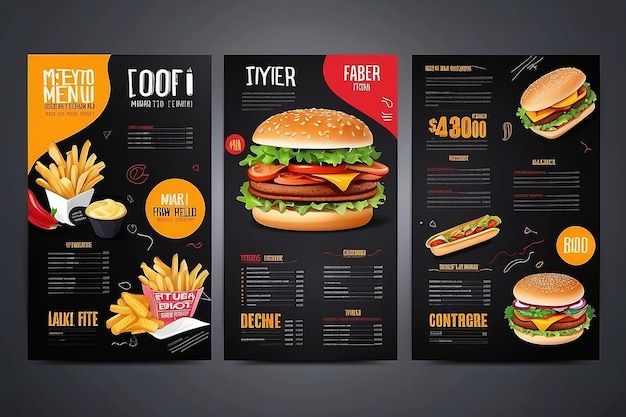 Design de brochura de menu de fast food em um modelo vetorial de fundo escuro