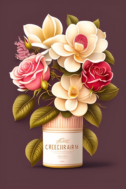 design de caixa de creme ilustração vetorial realista detalhado padrão floral 8k magnólia rosa