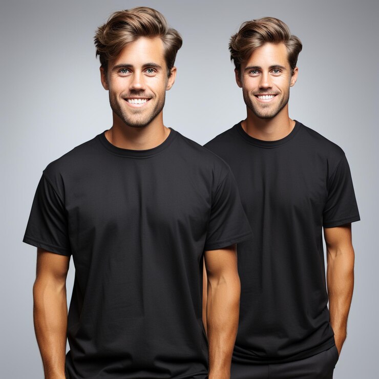 Foto design de camisa e conceito de pessoas closeup de jovem em camiseta preta em branco na frente e atrás isolados