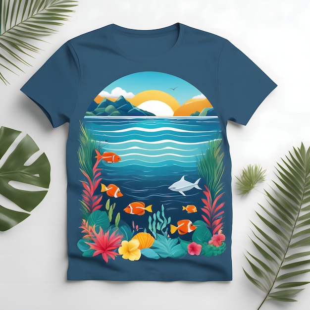 Design de camiseta com peixes e plantas tropicais