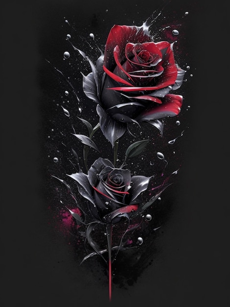 Design de camiseta de arte de respingo de flor de rosa preta brilhante estética muito detalhada