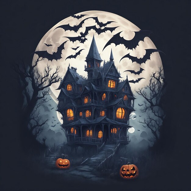 Design de camiseta de Halloween Cena assustadora de casa assombrada com lua cheia