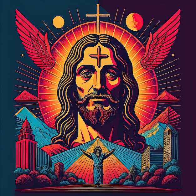 Design de camiseta de ilustração de arte vetorial colorida Rei Jesus Cristo