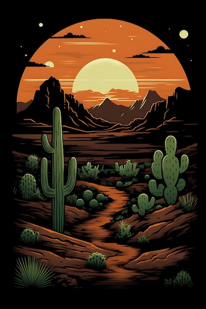 Foto design de camiseta de paisagem de desfiladeiro com cactos de cobra em tons quentes de terra intensa arte em tinta plana 2d