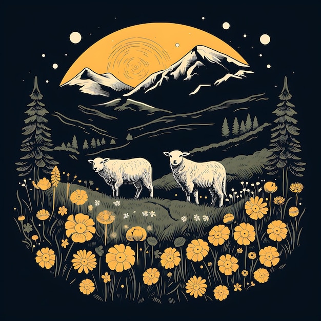 Design de camiseta de prado alpino com flores silvestres pastando ovelhas amarelos brilhantes arte em tinta plana 2D