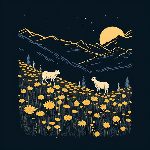 Design de camiseta de prado alpino com flores silvestres pastando ovelhas amarelos brilhantes arte em tinta plana 2D