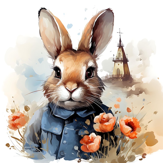 Design de camiseta de retrato de coelho vestindo traje tradicional holandês bonito pose P arte vetor de tinta 2D
