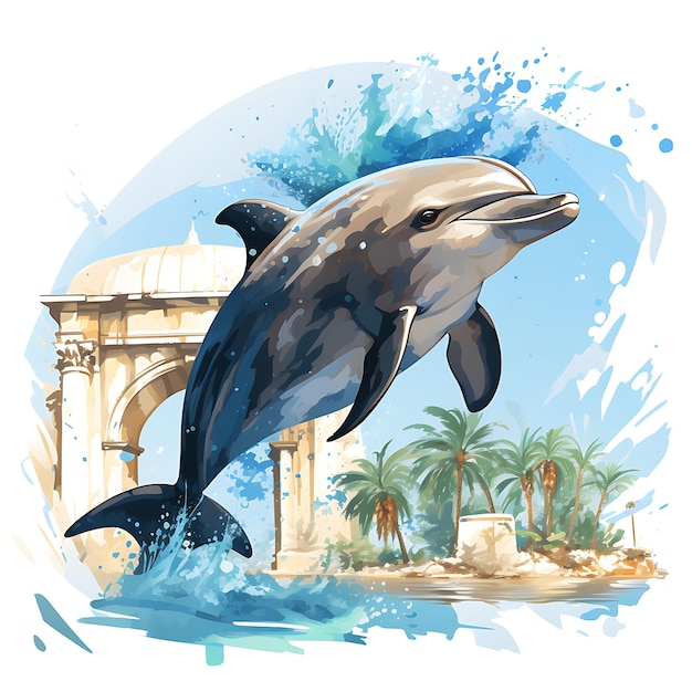 Design de camiseta de retrato de golfinho usando chiton grego pose divertida arte azul legal vetor de tinta 2D