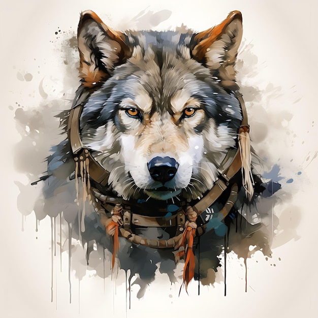 Design de camiseta de retrato de lobo vestindo um traje de guerreiros Viking Pose feroz D Art vetor de tinta 2D