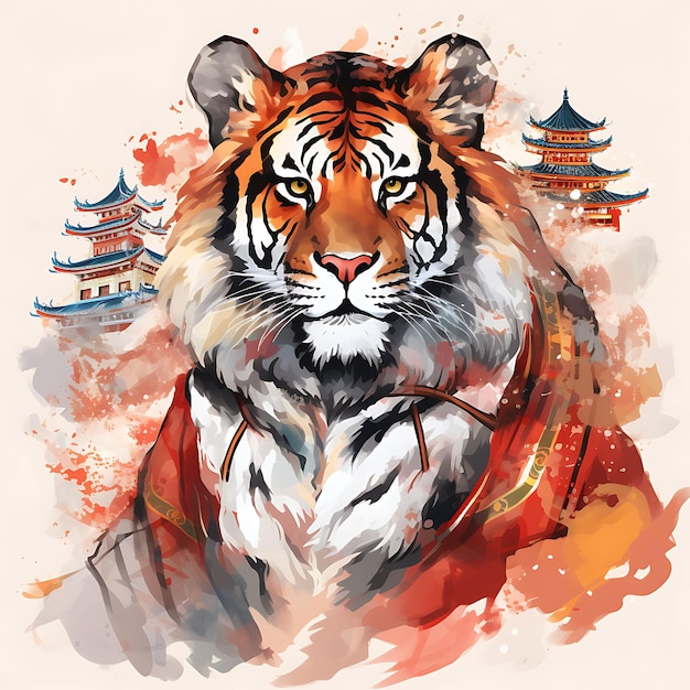 Design de camiseta de retrato de tigre vestindo coreano Hanbok Regal Pose Bold Red e Art 2D tinta Vector