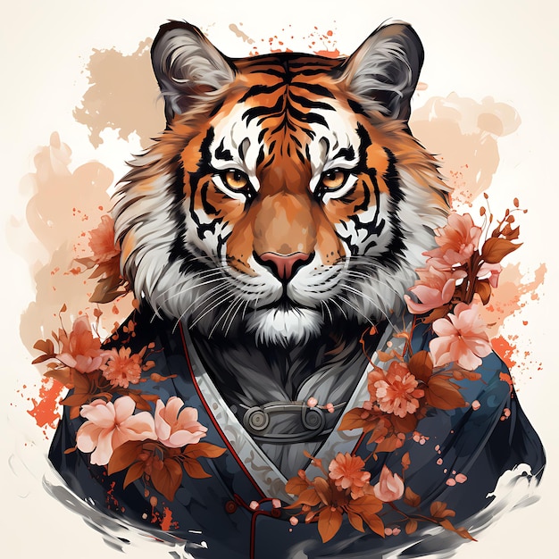 Design de camiseta de retrato de tigre vestindo um quimono japonês pose feroz em negrito ou vetor de tinta arte 2D