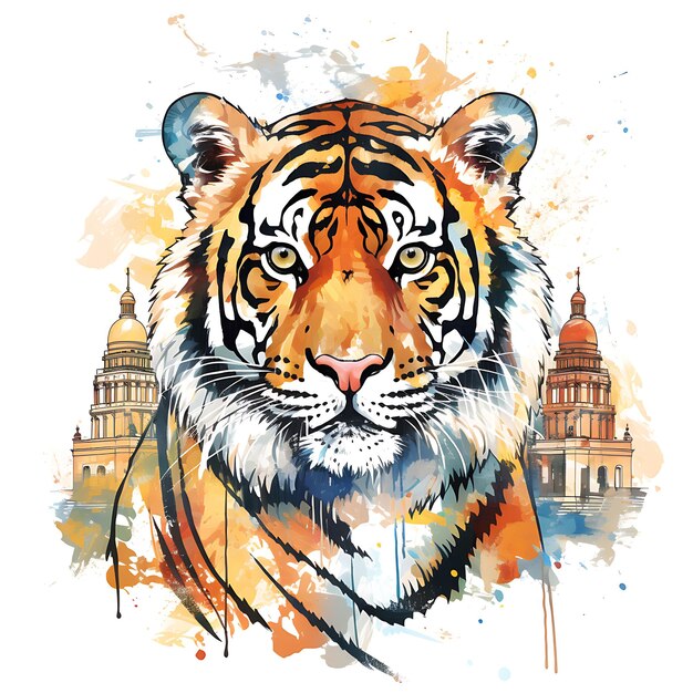 Design de camiseta de retrato de tigre vestindo um sari pose feroz cores vibrantes Taj Art vetor de tinta 2D