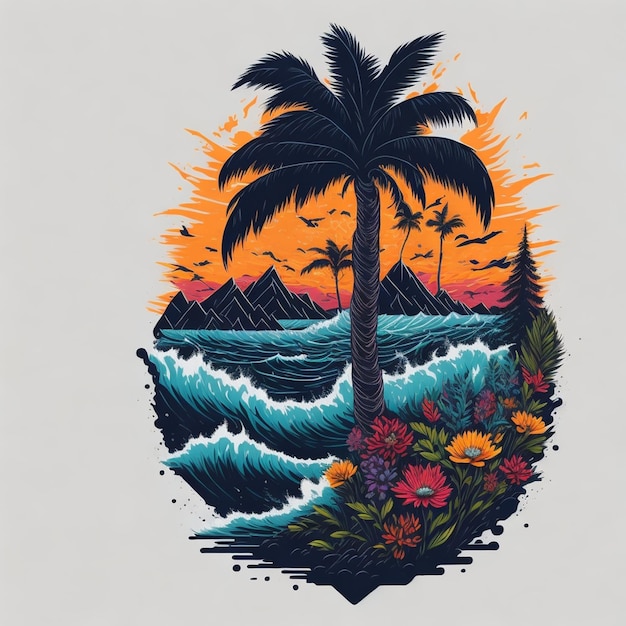 Design de camiseta de viagem de férias de verão com foto gratuita arte digital com carro gerado por ai