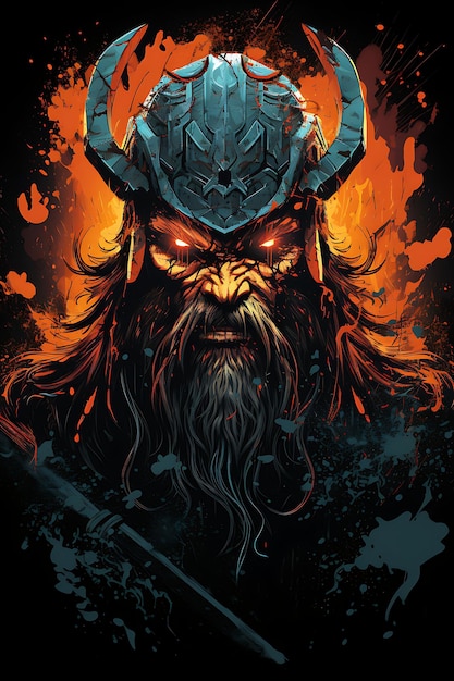 Design de camiseta de Viking Berserker em uma raiva frenética empunhando machados de guerra duplos W 2D Flat Arte vetorial