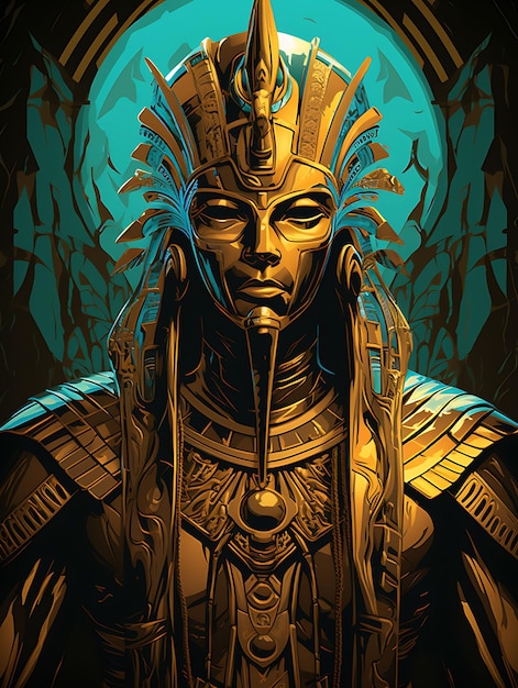 Design de camiseta do guerreiro faraó egípcio em armadura real segurando um Khopesh Sw 2D plano Arte vetorial