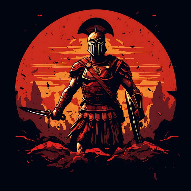 Design de camiseta do legionário romano em uma formação defensiva segurando um Gladius 2D plano Vetor