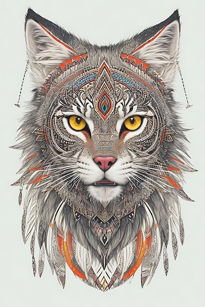 Design de camiseta majestosa de gato com espírito tribal com animais espirituais intrincados