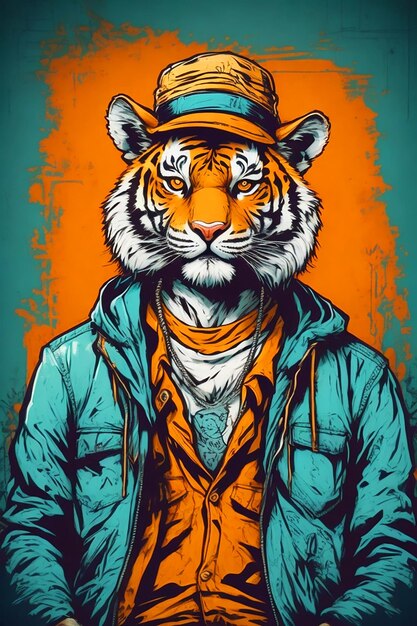 Design de camiseta Tigre hipster usando um chapéu declara vetor de estilo de quadrinhos de estilo grafite selvagem