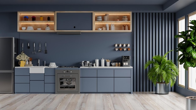 Design de canto de cozinha de luxo com parede azul escura
