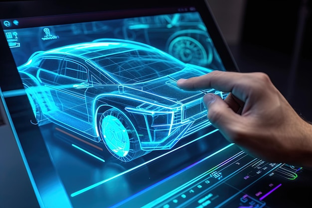 Design de carro usando aplicativo holográfico em tablet digital