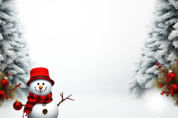 Design de cartão de Natal com boneco de neve e abeto com bolas vermelhas de Natal