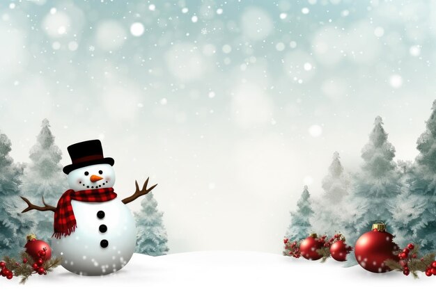 Design de cartão de Natal com boneco de neve e abeto com bolas vermelhas de Natal