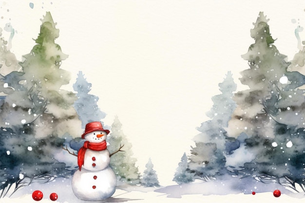 Design de cartão de Natal em aquarela com boneco de neve e bolas vermelhas de Natal