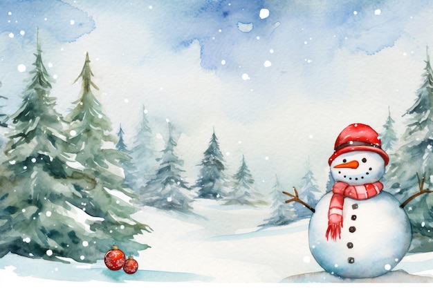 Design de cartão de Natal em aquarela com boneco de neve e bolas vermelhas de Natal