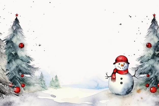 Design de cartão de Natal em aquarela com boneco de neve e bolas vermelhas de Natal