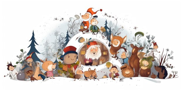 Design de cartão de saudação de Natal com personagens de contos de fadas