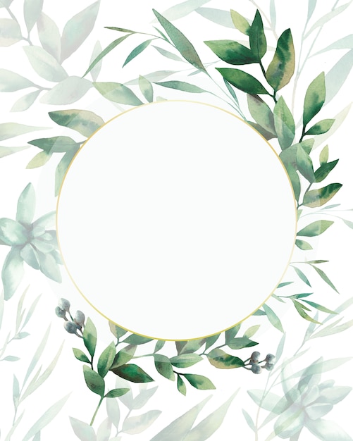 Design de cartão verde aquarela. Modelo floral de pintados à mão: frame redondo de plantas em fundo branco.
