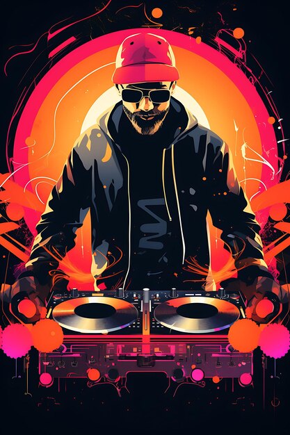 Design de cartaz de Dj Set Artista solo atrás de toca-discos Cores brilhantes Vector digital 2D camiseta plana