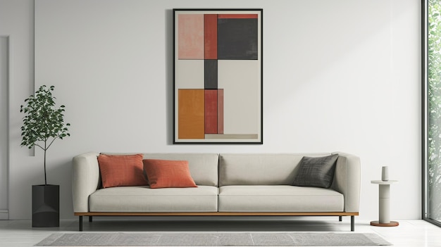 Design de cartaz de estilo minimalista com moldura em sala de estar com sofá