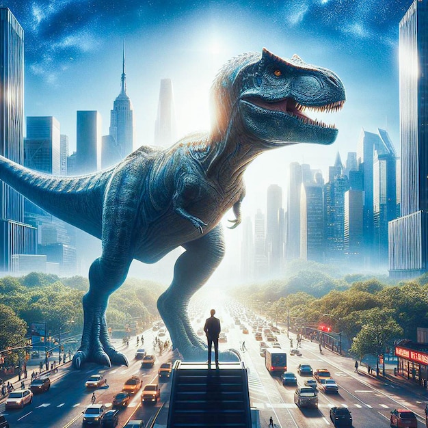 Foto design de cartaz de filme um dinossauro majestoso está em uma cidade para o poder do reino animal