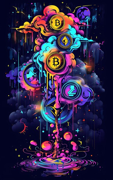 Foto design de cartaz surreal 2d com bitcoin e relógios derretidos com cloud crypto poster banner concept