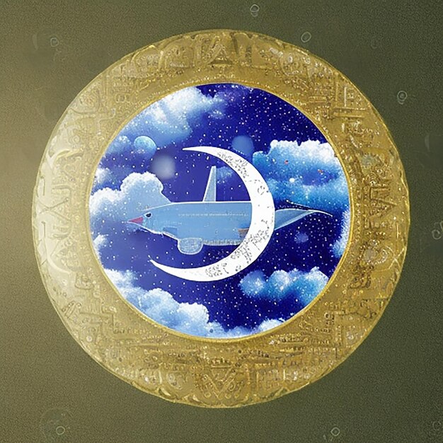 Design de conceito criativo de Eid Mubarak com avião Eid Moon e avião em fundo azul escuro Airlines