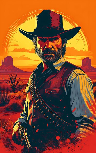 Design de Cowboy Warrior com colete e revólveres com pose despreocupada Br Banner Anúncios Poster Flyer Arte