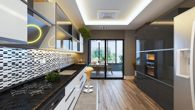 Design de cozinha moderna com renderização 3d realista de varanda