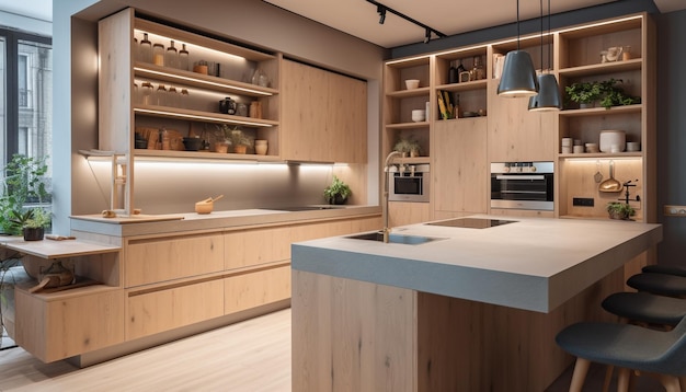 Design de cozinha moderno com elegância em aço inoxidável gerado por IA