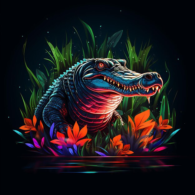 Foto design de crocodile swamp serenity serrated neon lines water lily jaws clipart tshirt design glow.