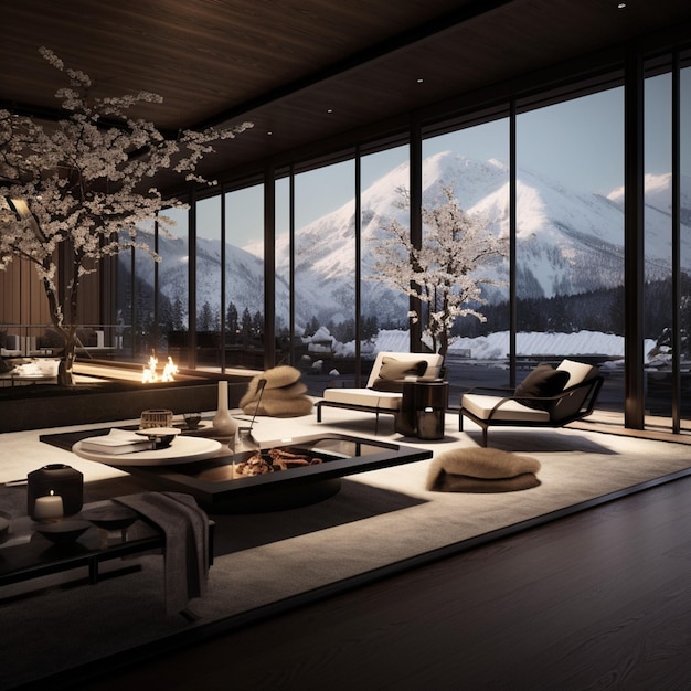 design de elegância moderna um salão de hotel foto-realista com uma paleta de luxo e influência japonesa