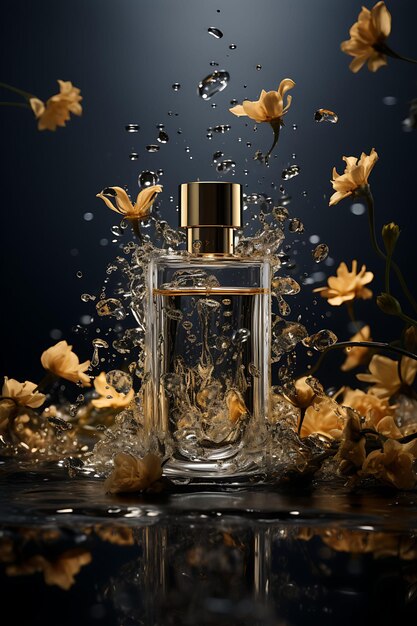 Foto design de elegante garrafa de perfume dourado e preto com um c monocromático web poster flyer menu art