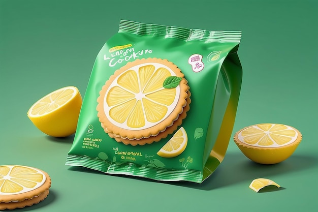 Design de embalagem de biscoitos de sanduíche embalagem de alimentos em saco de alumínio com sabor a limão isolado em fundo verde